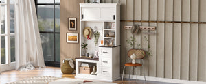 English Elm U-can Hall Tree with Storage Bench Three Drawers Open Shelves and Hooks for Entryway N724P380403K
