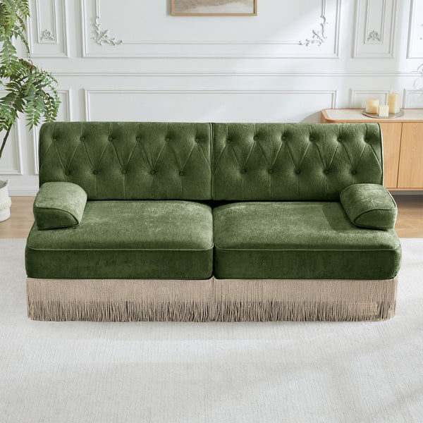 English Elm Soft Velvet Chesterfield Sectional Sofa Tufted Tassel Fringe Skirt Modular Living Room Green W714S01703