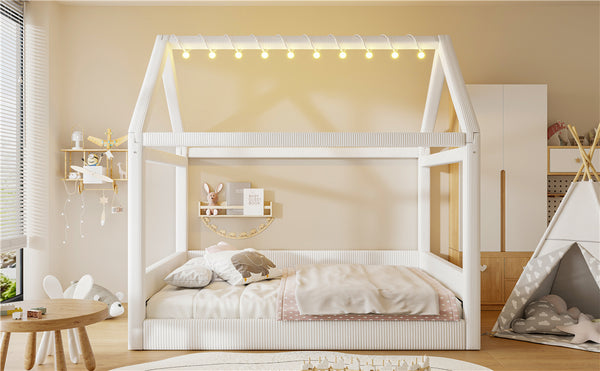 English Elm Full Size Upholstered House Daybed With Led Lighting, Cozy Beige Corduroy For Kids & Guests N7500001335A
