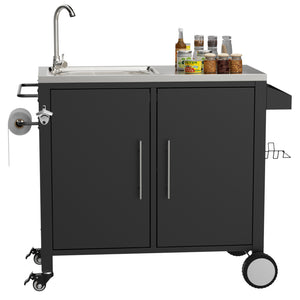 English Elm Outdoor Stainless Steel Grill Cart with Sink Cabinet and Lockable Swivel Wheels W3190P409412