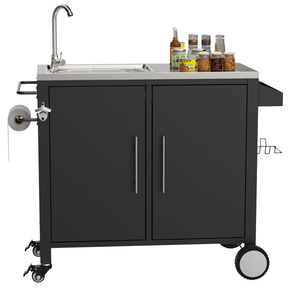 English Elm Outdoor Stainless Steel Grill Cart with Sink Cabinet and Lockable Swivel Wheels W3190P409412