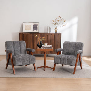 English Elm Mid-century Modern Chenille Lounge Chair Set Oak Frame Cloud Silhouette Living Room Gray W1170S00050