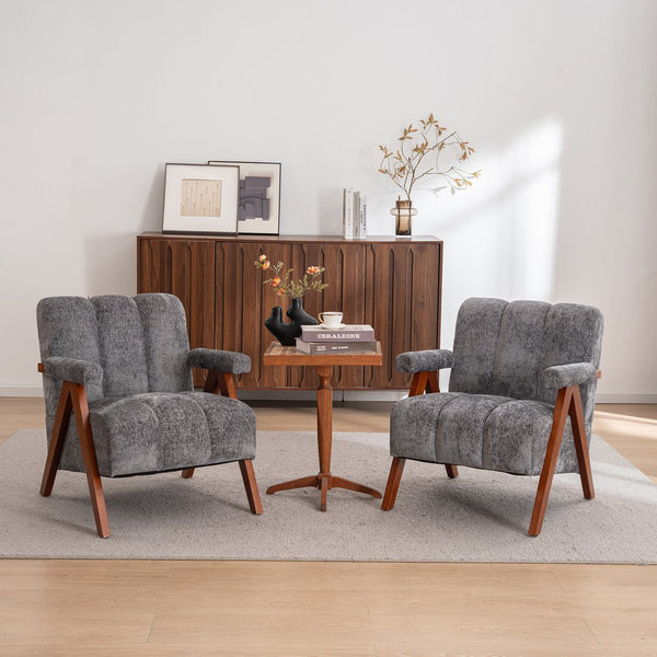 English Elm Mid-century Modern Chenille Lounge Chair Set Oak Frame Cloud Silhouette Living Room Gray W1170S00050