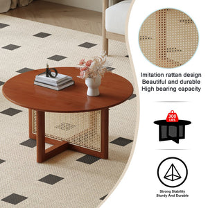 English Elm A natural deep red wooden coffee table with rattan accents, sleek modern design and easy 10-15min assembly W1512P363031