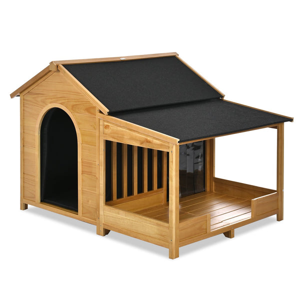 English Elm 60.2" Insulated Outdoor Dog House with Porch & Asphalt Roof, Elevated Pine Kennel for Dogs up to 120 lbs N704G201612A