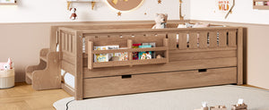 English Elm Twin Kids Platform Bed with Trundle Staircase Bookshelf and Rounded Safety Rails Natural W1580S00558