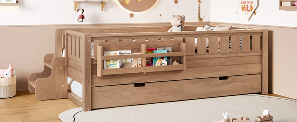 English Elm Twin Kids Platform Bed with Trundle Staircase Bookshelf and Rounded Safety Rails Natural W1580S00558