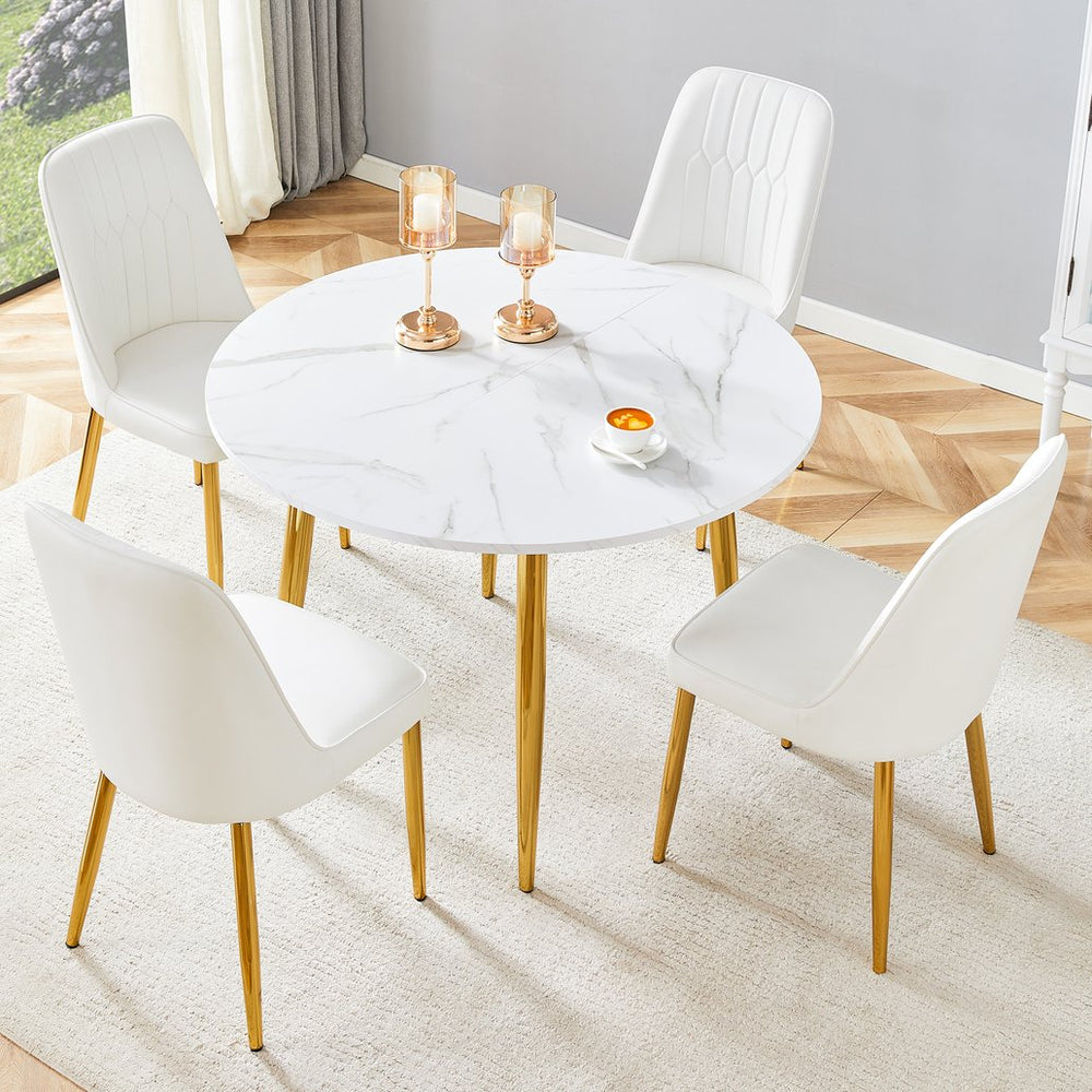English Elm Table and Chair Set Extendable Round Mdf Dining with Gold Legs Four Pu Seats W1151S03954