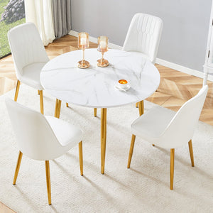 English Elm Table and Chair Set Extendable Round Mdf Dining with Gold Legs Four Pu Seats W1151S03954