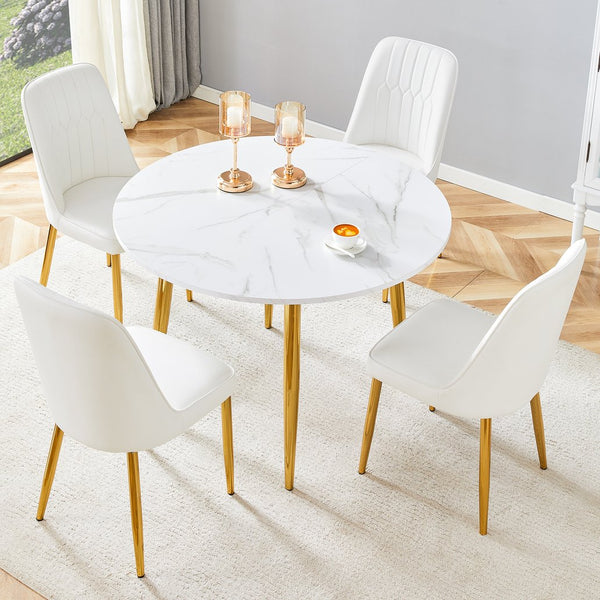 English Elm Table and Chair Set Extendable Round Mdf Dining with Gold Legs Four Pu Seats W1151S03954