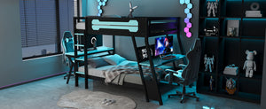 English Elm Full Size Gaming Bunk Bed with Dual Desks Usb Charging Ports and Pegboard Storage Blue LT000274AAC