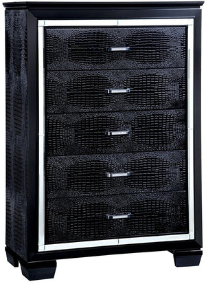 English Elm 1pc Crocodile-Embossed Chest with Diamond-Crusted Handles, Silver-Lined Panels, Glam Contemporary Appeal Black 42 L x 22 W x 59 H B2741P367880