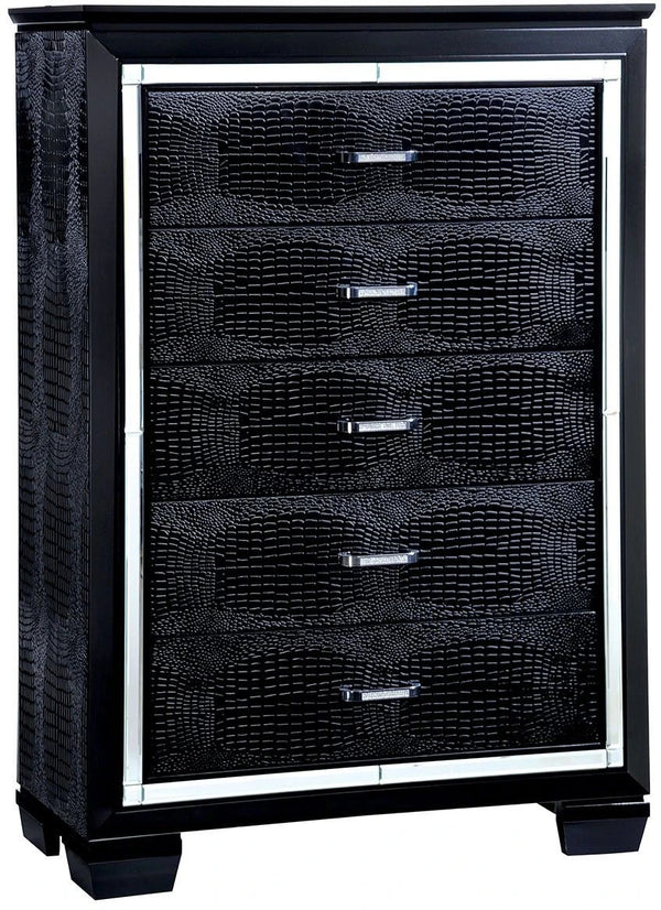 English Elm 1pc Crocodile-Embossed Chest with Diamond-Crusted Handles, Silver-Lined Panels, Glam Contemporary Appeal Black 42 L x 22 W x 59 H B2741P367880