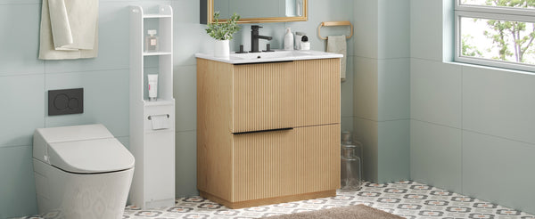 English Elm Christopher Knight Home® - 30" Bathroom Vanity With Ceramic Sink, Soft-Close Drawers & Fluted Natural Finish For Elegant Style N817P295760N