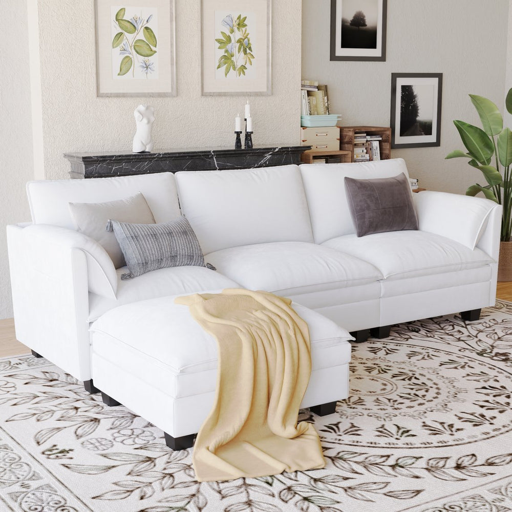 English Elm 107.8'' Large L-Shaped 3 Seater Sofa With Movable Ottoman & Storage Pockets For Modern Living Spaces W680S00044