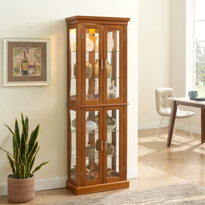 English Elm Curio Display Cabinet with Internal Lighting, Mirrored Back, 6 Adjustable Shelves, Glass Doors Oak W1693P154580