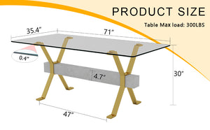 English Elm Modern Tempered Glass Dining Table with 71"x35.4" Clear Top, Gold X-Legs, Gray MDF Crossbar, 4-8 Seats W1512S00150