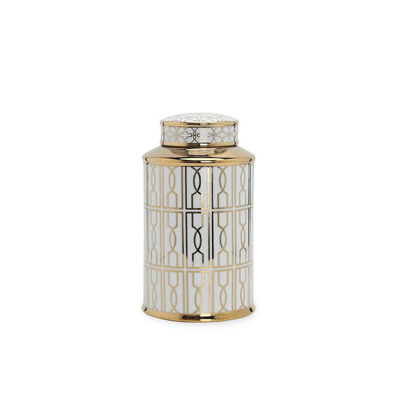English Elm Elegant White Ceramic Ginger Jar With Gold Geometric Design - Modern Storage & Decor Accent B030P308537