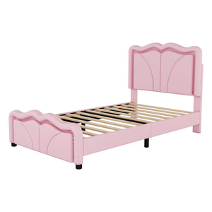 English Elm Twin Upholstered Platform Bed with Curved Headboard, Adjustable Heights, Sturdy Pine Frame, LED Accent Lights Pink WF323748AAH