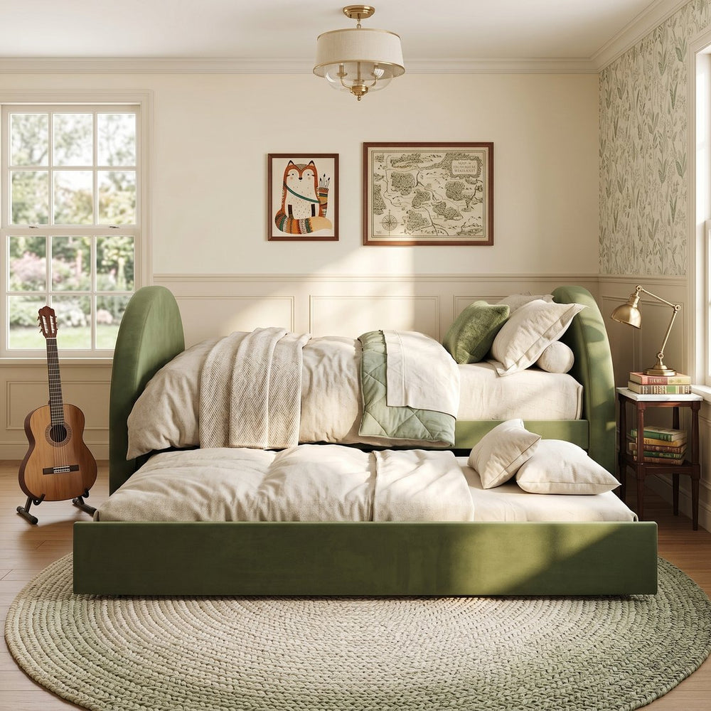 English Elm Full Velvet Upholstered Pull Out Daybed Frame for Guest Rooms and Studio Spaces N757F387578V