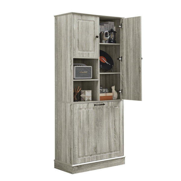English Elm Tall Storage Cabinet with Flip-Out Basket, Adjustable Shelves & Aluminum Handles for Organized Living Oak N725P322739L