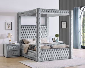 English Elm 1pc Majestic Canopy Four-Poster Queen Bed with Tufted Velvet Headboard & Footboard, Luxurious Statement Gray 62 L x 45.25 W x 7 H B2741S00128