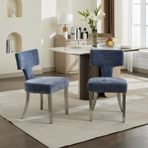 English Elm Mid Century Modern Dining Chairs with Copper Nail Trim, Plush High-Density Foam Seats, Brushed Steel Legs Blue W1143P314901
