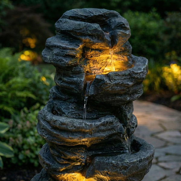 English Elm 6-tier Cascading Resin Stone Fountain with Warm Led Lights for Patio and Garden W853P412664