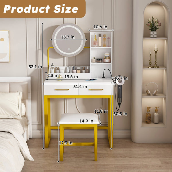 English Elm Makeup Vanity Table with LED Lights, Built-In Outlet & USB, Large Drawers, Hair Dryer Stand White W509P297014