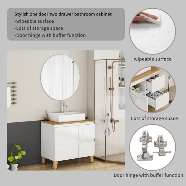 English Elm 31.5-inch Bathroom Vanity Solid Wood Top Ceramic Basin Soft Close Glossy White W3151S00070