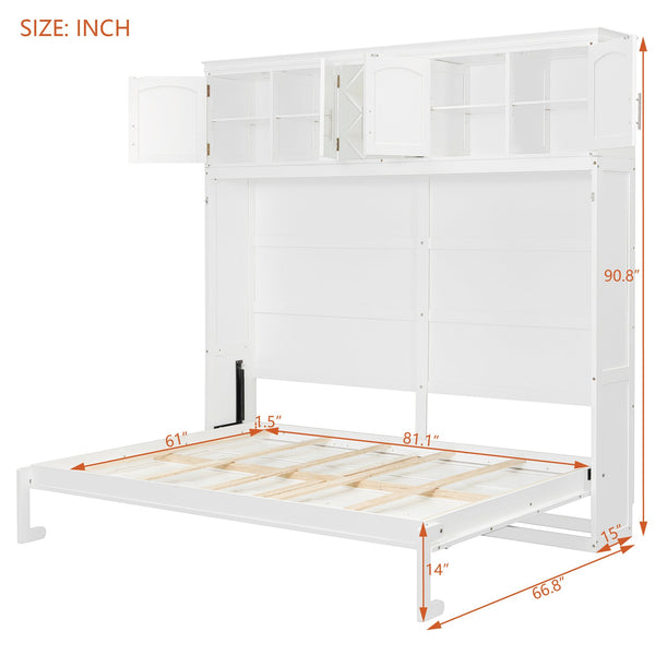 English Elm Queen Murphy Wall Bed with Storage Cabinets and Wine Rack for Small Space Living White LP000879AAK-1