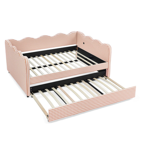 English Elm Full Size Gingham Linen Daybed with Wave Backrest Trundle and Usb Charging Port Pink W1413S00138
