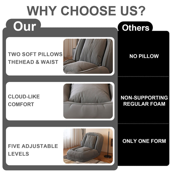 English Elm Upholstered Foldable Lazy Sofa Bed with 5 Recline Positions, Corduroy Tatami Chair with Pillows—Comfortable Space-Saving Lounge for Living Room and Bedroom Grey W2699P324228