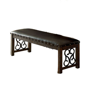 English Elm Traditional Brown Leatherette Bench with Metal Scrollwork and Nailhead Trim, Rustic Walnut Finish, 56" B011P246017