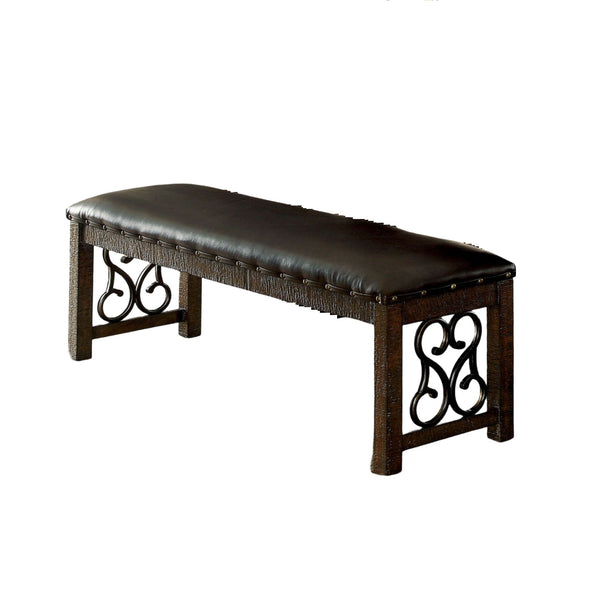 English Elm Traditional Brown Leatherette Bench with Metal Scrollwork and Nailhead Trim, Rustic Walnut Finish, 56" B011P246017