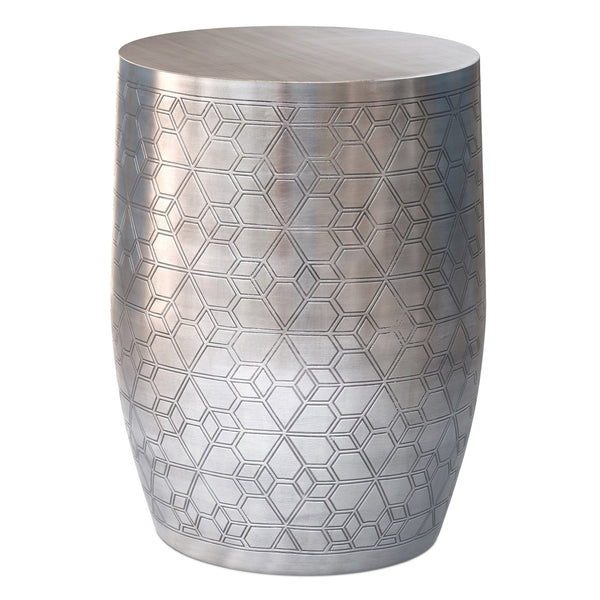 English Elm Johnsen Antique Silver 15" Geometric Pattern Accent Table – Handcrafted Iron, Etched Art Deco Design B136P361860