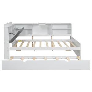 English Elm Wood Full Size platform bed with trundle, built-in storage headboard and shelves, sturdy pine frame White GX002055AAK