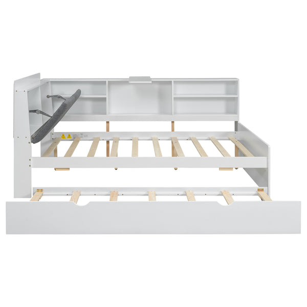 English Elm Wood Full Size platform bed with trundle, built-in storage headboard and shelves, sturdy pine frame White GX002055AAK