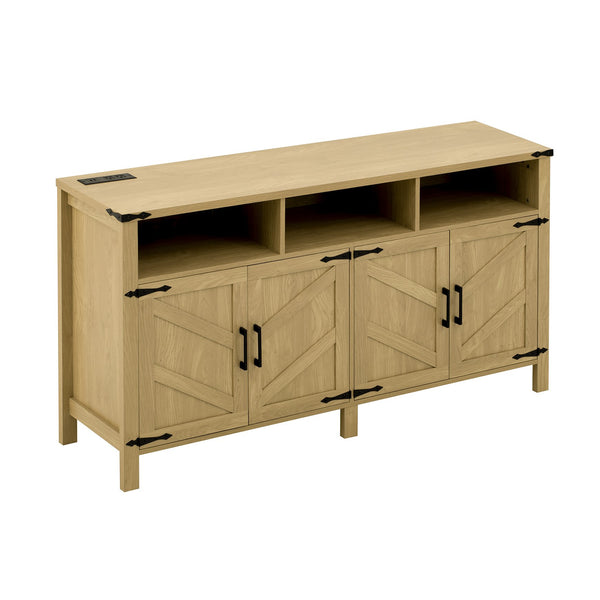 English Elm U_style 59 Inch Sideboard Buffet with Built in Power Outlets Open Cubbies Metal Accents Natural Wood N711P347407O