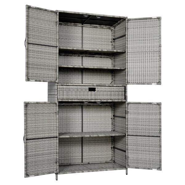 English Elm K&k Tall Arched Pe Rattan Outdoor Storage Cabinet with Adjustable Shelves and Steel Frame Grey N707P420102G