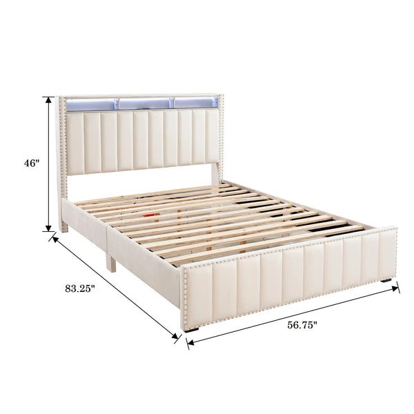 English Elm Beautiful Upholstered Full Bed with Led Lighting Storage Shelves and Channel Tufted Headboard Beige B2741S00770