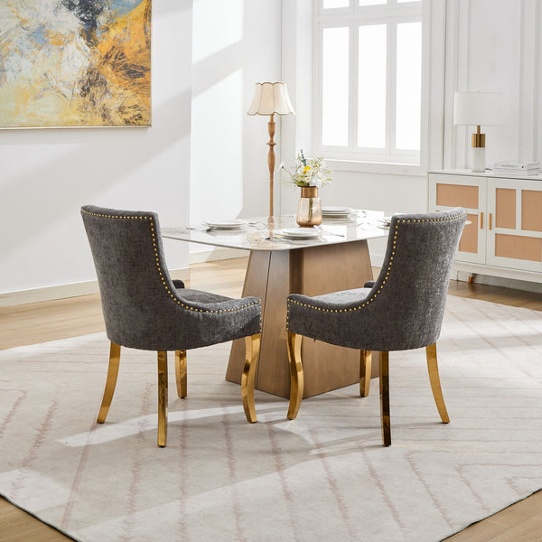 English Elm Chenille Plush Dining Chair with Curved Gold-Plated Legs, Rivet Trim, Textured Upholstery Comfort Gray W1143P332686