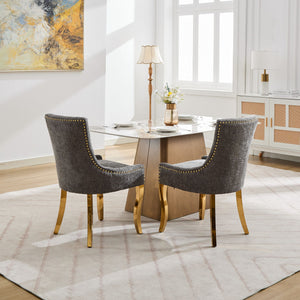 English Elm Chenille Modern Dining Chair with Curved Gold-Plated Legs, Rivet Trim, Textured Upholstery Comfort Gray W1143P332686