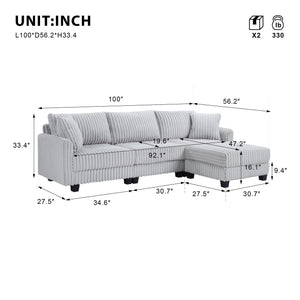 English Elm 100-inch Corduroy Sectional Sofa Modular L-shape with Dual Charging Ports Living Room W3480S00004