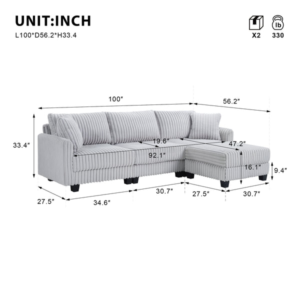 English Elm 100-inch Corduroy Sectional Sofa Modular L-shape with Dual Charging Ports Living Room W3480S00004