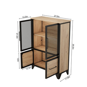 English Elm Storage Cabinet Matte Iron Four Door Sideboard with Adjustable Shelf for Modern Interiors Black+Natural W3151P407883
