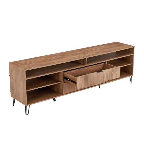 English Elm Dumbo 85" Fluted TV Stand with Gold Legs, 2 Drawers & 6 Shelves, Wire Management, Easy Snap Assembly Brown B365P397924