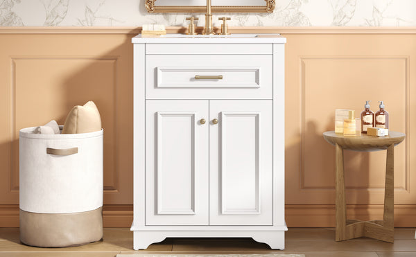 English Elm 24" Matte Single Sink Vanity Solid Poplar Frame Gold Hardware Soft Close Cabinet White N710P389449K