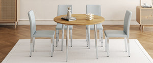 English Elm Table Set Extendable Round to Oval Wood Grain Top with Four Gray Pu Dining Chairs W1151S04833