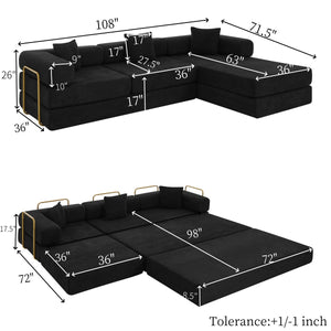 English Elm 108'' Modular Cloud Sectional Corduroy Couch with Fold Flat Backrest for Living Rooms Black W1117S00295